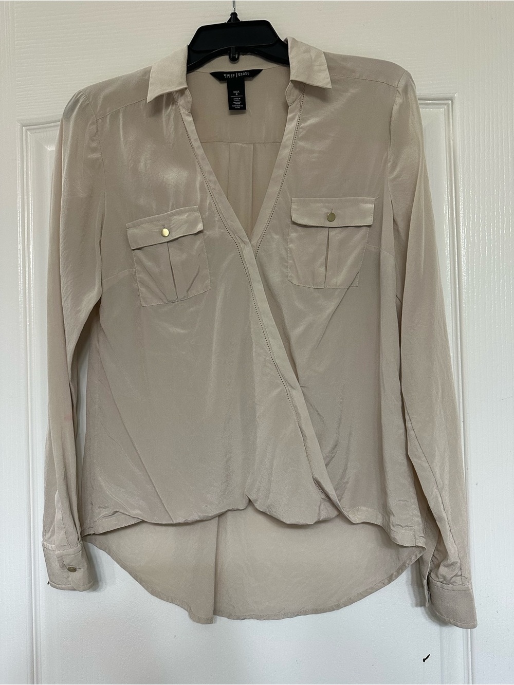 White House Black Market Silk Wrap Blouse Sz 8 Beige Cargo Pocket High-Low Hem